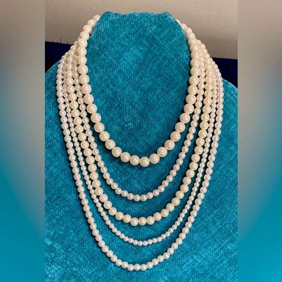 R.J. Graziano Jewelry - Vintage Graziano Five Strand Faux Pearl Necklace